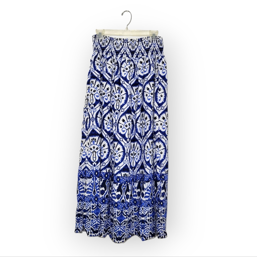 Haute Hippie Blue White Boho Maxi Skirt with Front Slit and Buttons Medium - Picture 2 of 7